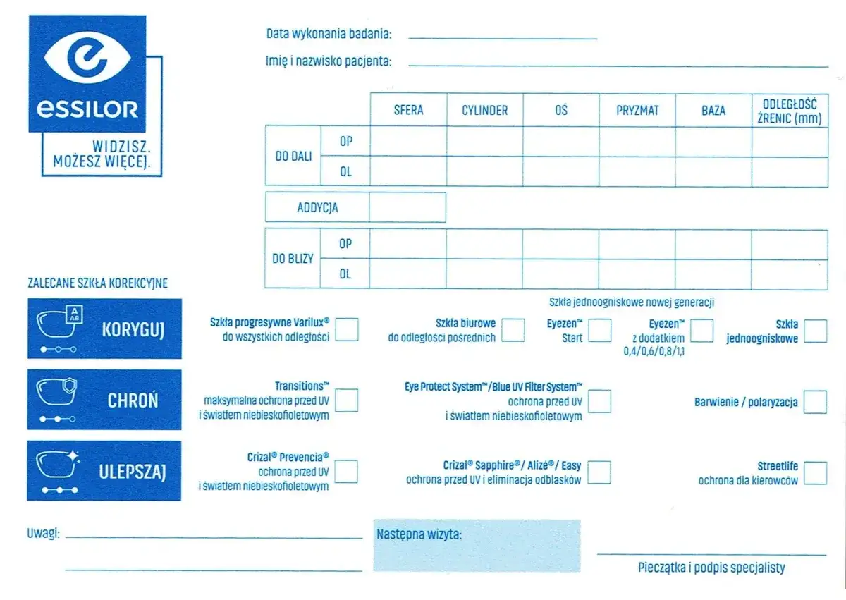 Recepta na okulary od prywatnego okulisty z danymi pacjenta i parametrami korekcji.