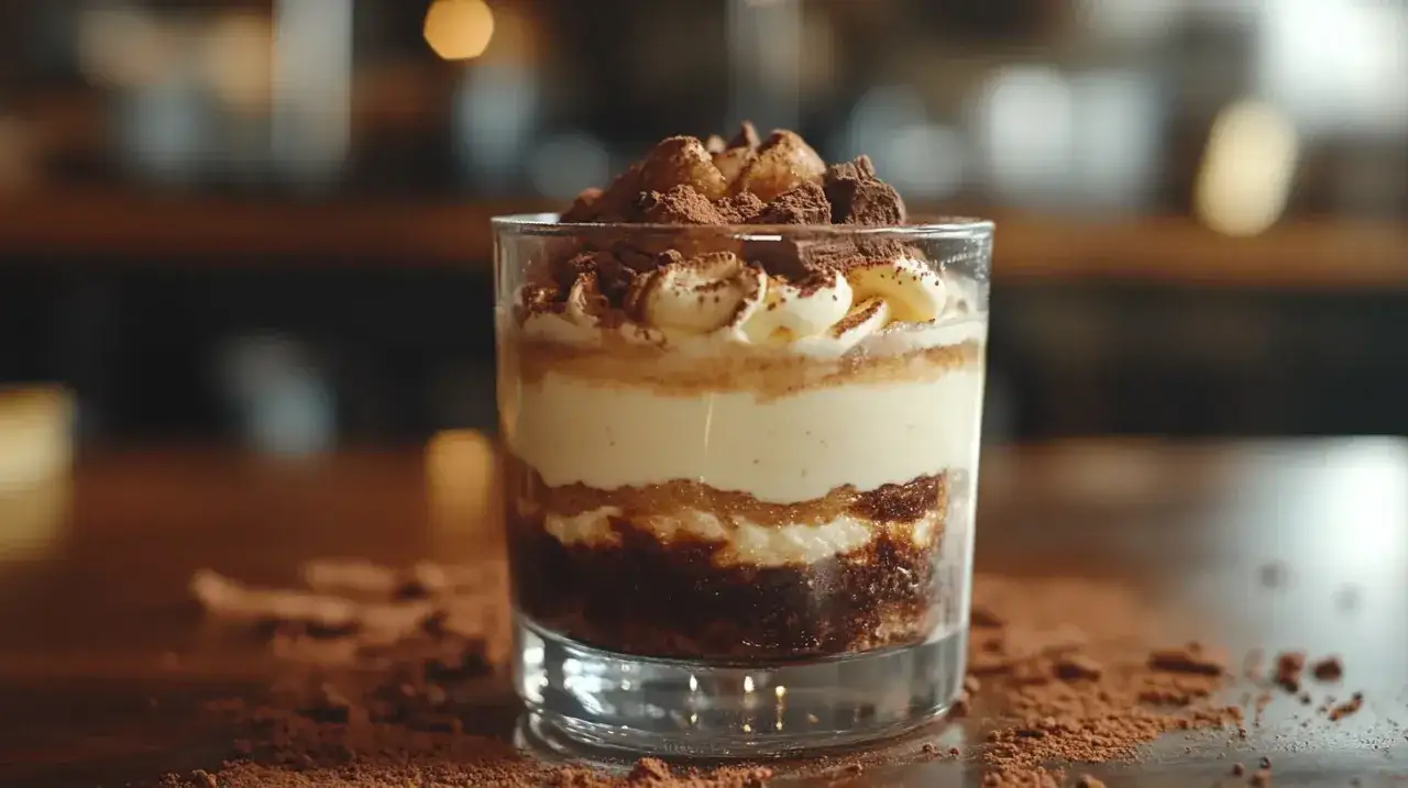 Warstwowe, pyszne, prawdziwe tiramisu w szklance, posypane kakao i kawałkami czekolady. Idealne na deser.