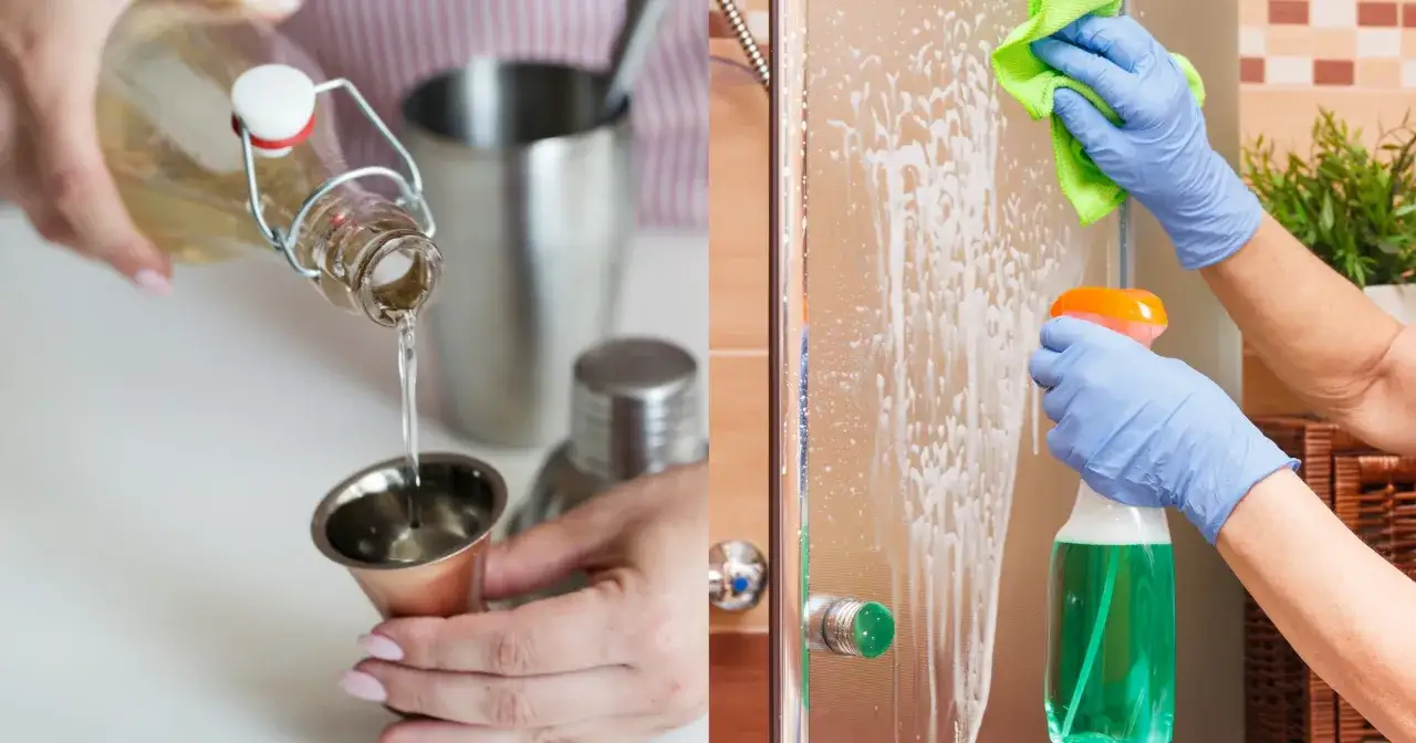 Jak zrobić płyn do usuwania tapet: wlej płyn do miarki, a potem spryskaj ścianę i zetrzyj.