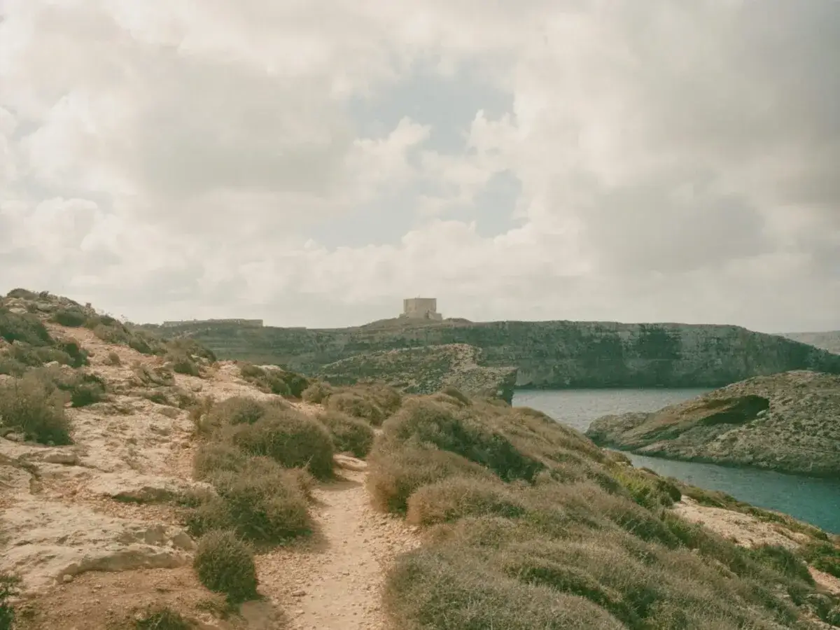 Malta czy warto? Kamienista ścieżka prowadzi przez skaliste wybrzeże z niską roślinnością do zatoki. W oddali widać wieżę obronną.