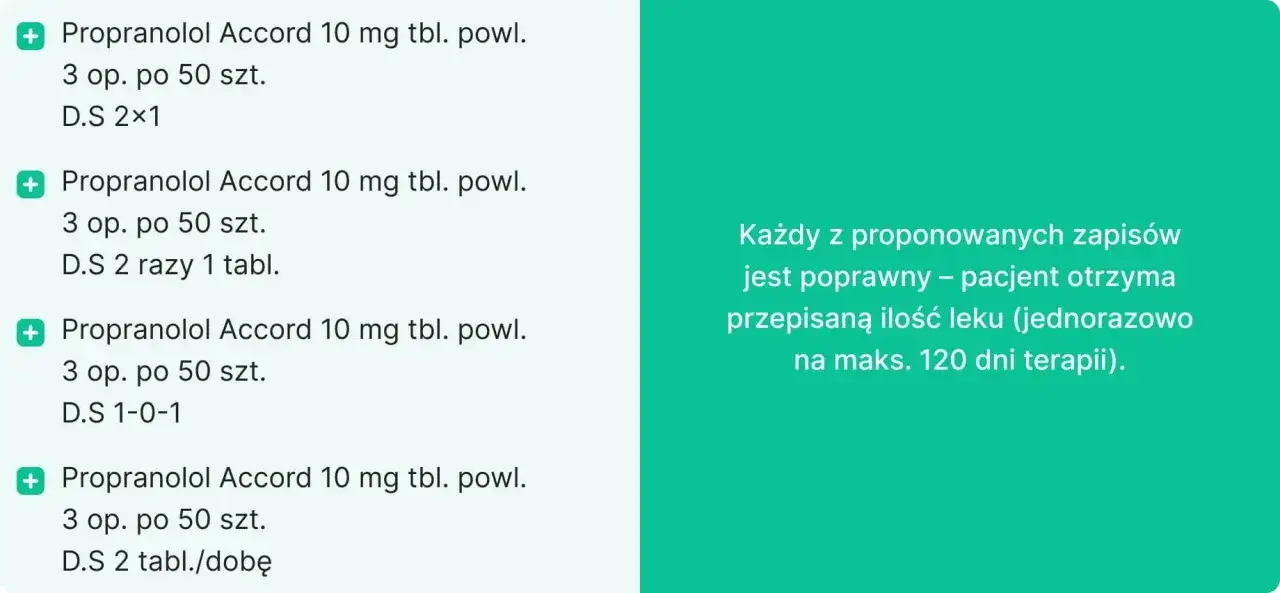 Propranolol Accord 10 mg: 3 op. po 50 szt. Każdy zapis pozwala na wydanie leku jednorazowo na maks. 120 dni terapii.