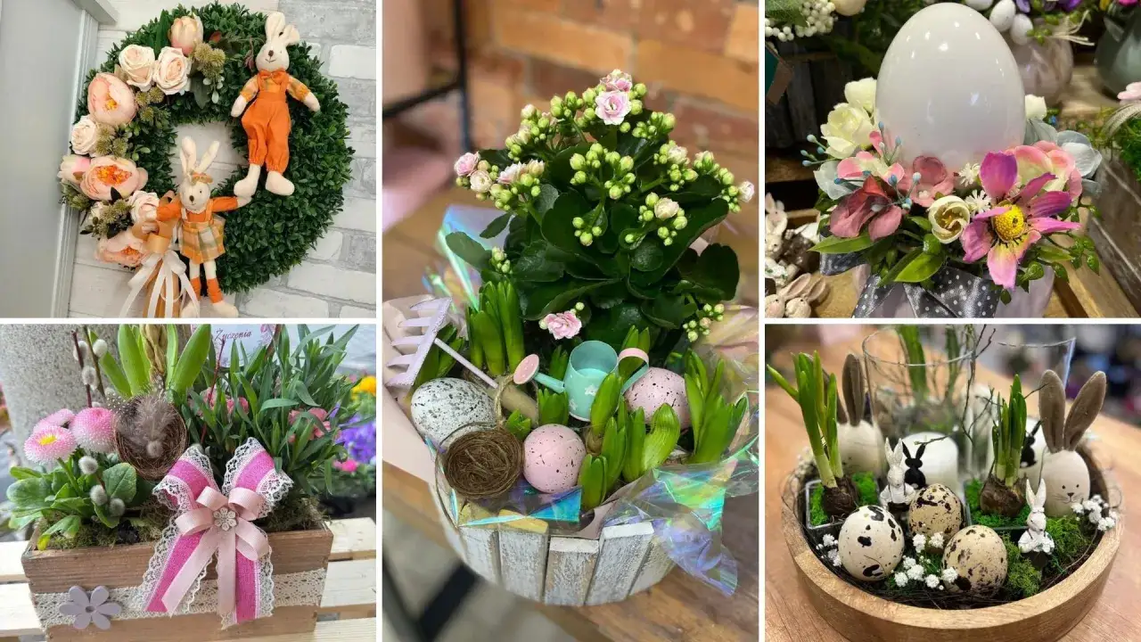 Wielkanocne kwiaty w ozdobnych kompozycjach: wianek z króliczkami, bukiety z jajkami i kwiatami, donice z hiacyntami i ozdobami.