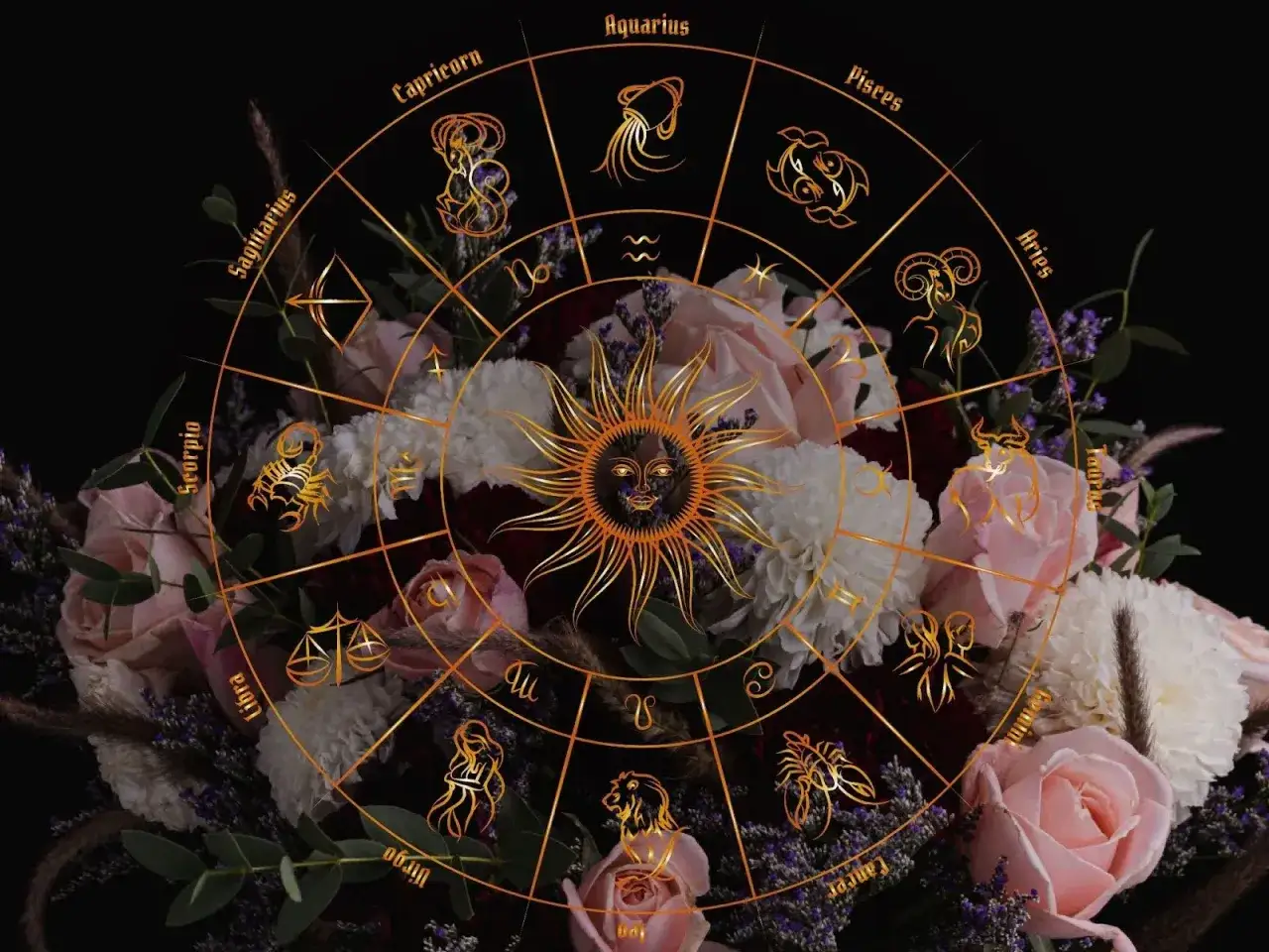 Zodiakalny krąg z symbolami i słońcem na tle bukietu róż. Kwiaty przypisane do miesięcy tworzą mistyczną oprawę.