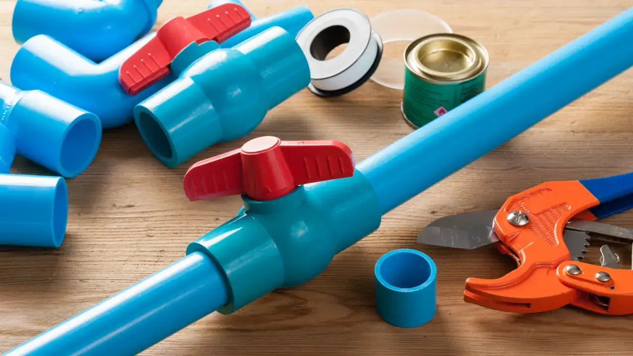 Pomarańczowe nożyce do cięcia rur PCV leżą obok niebieskich elementów instalacji i kleju. Idealne narzędzie, by wiedzieć, czym ciąć rury pcv.