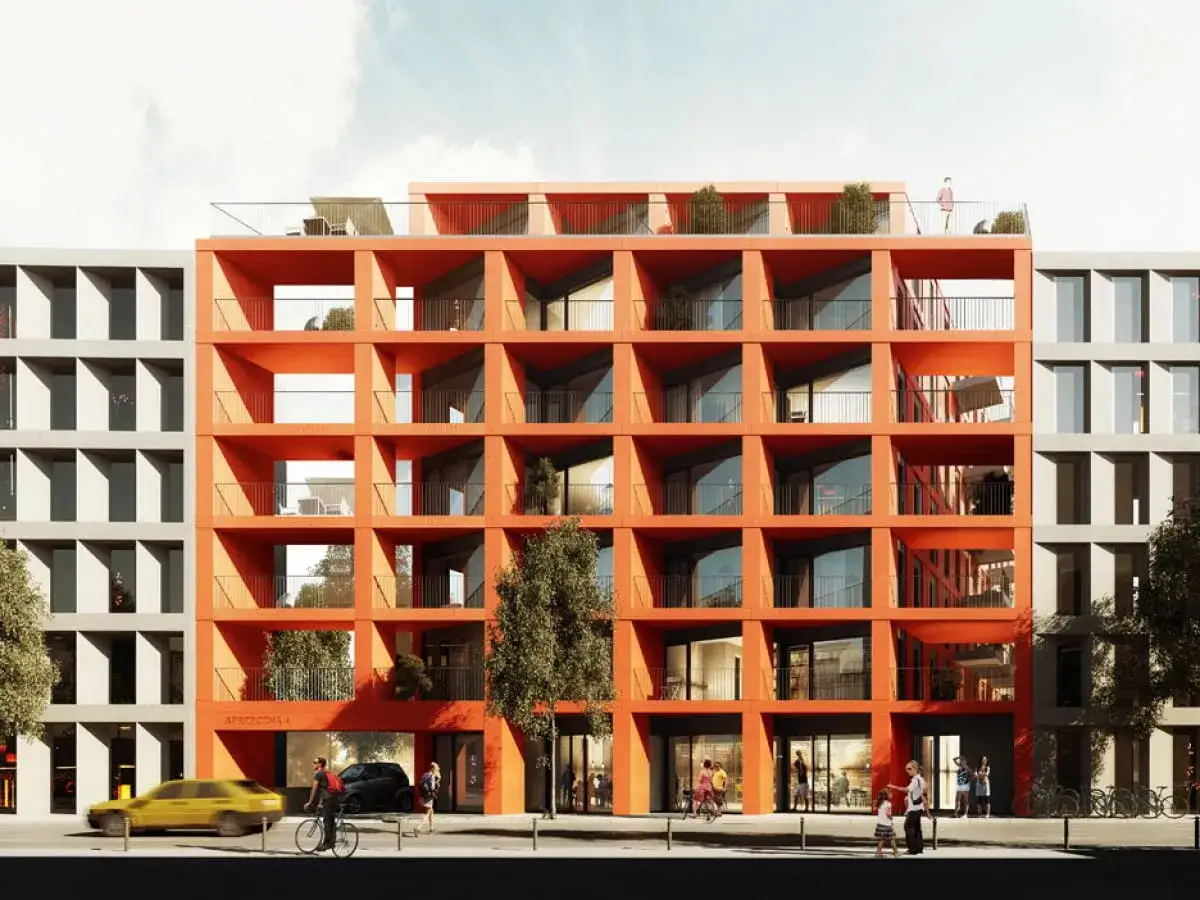 Nowe bloki z lat 70. wytrzymają kolejne 50 lat? Wizualizacja nowoczesnej architektury z pomarańczową fasadą i szarymi sąsiadami.