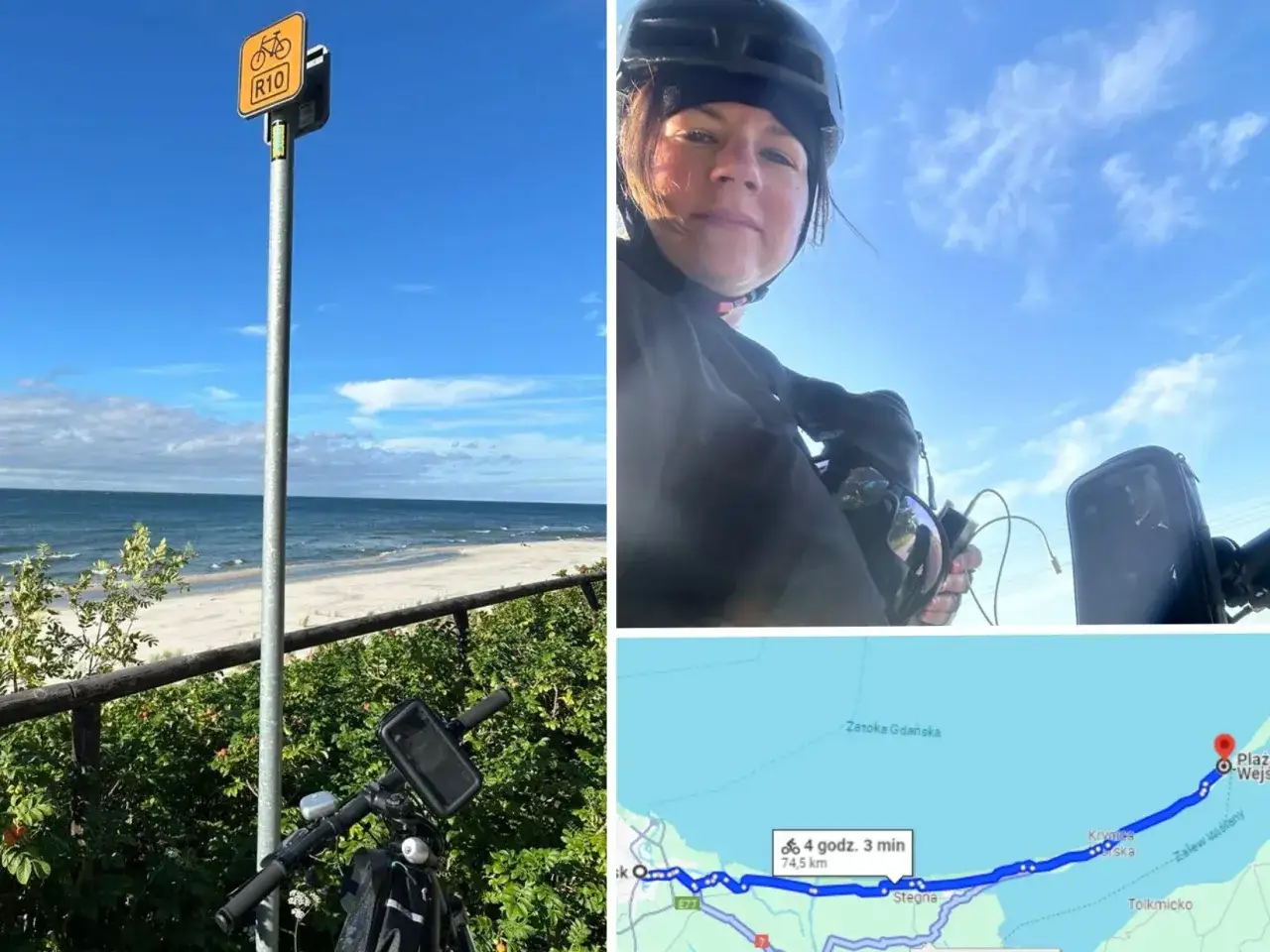 Znak rowerowy R10 przy plaży, rowerzystka w kasku i mapa trasy rowerowej nad morzem.
