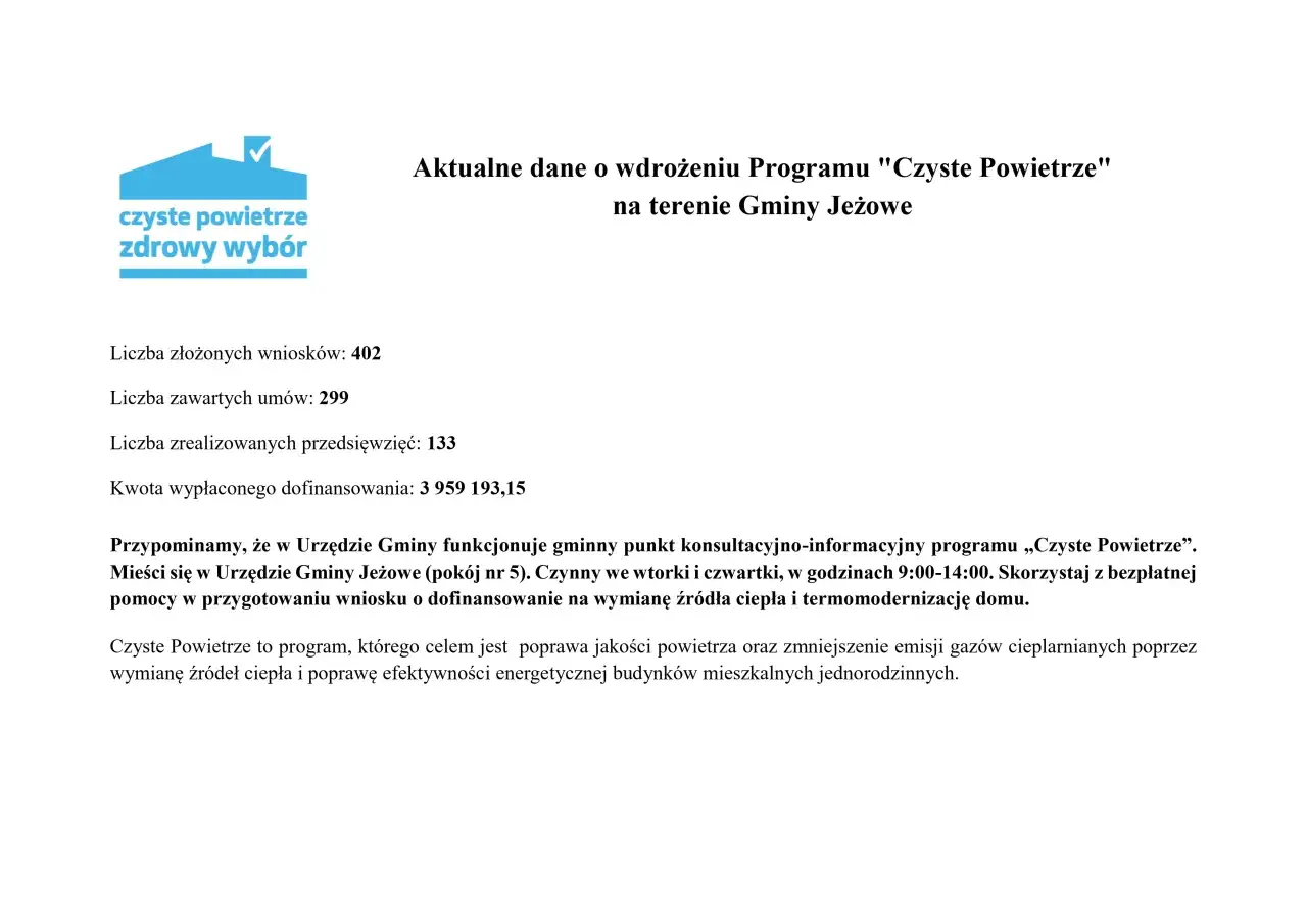 Niebieski znak graficzny z domem i zaznaczeniem, tekst "czyste powietrze zdrowy wybór".