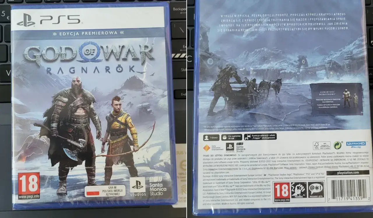 Okładka gry God of War Ragnarök na PS5 z polskim dubbingiem. Kratos i Atreus gotowi na przygodę.