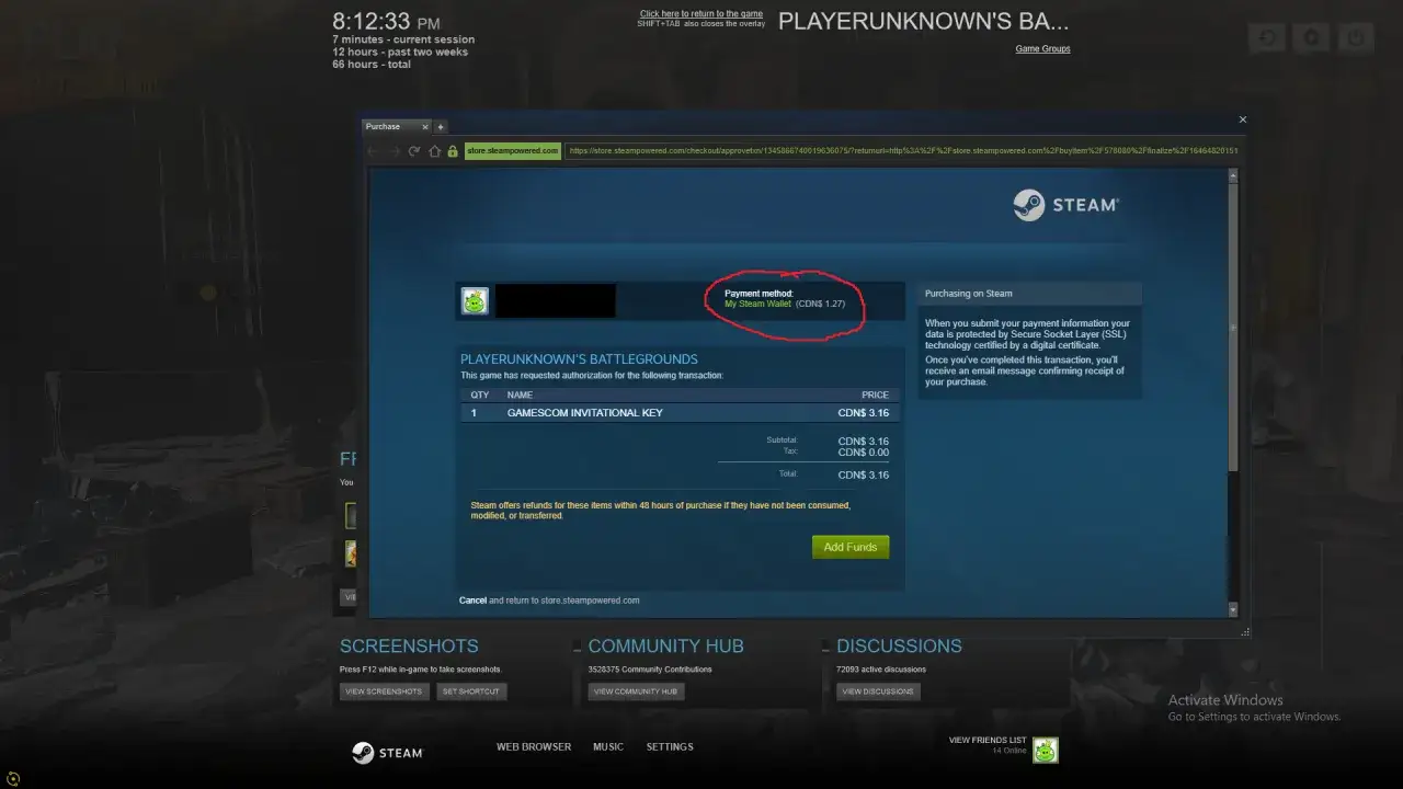 Okno zakupu na Steam z zaznaczoną metodą płatności: Portfel Steam.