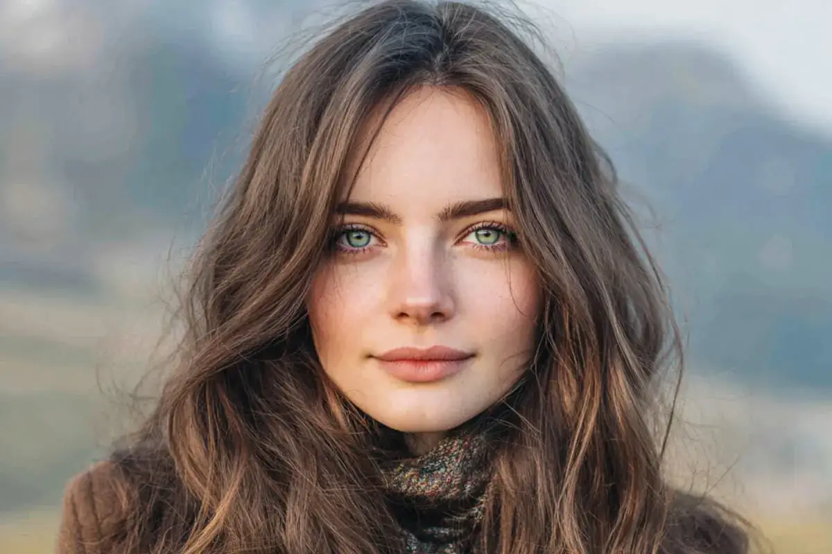 Portret młodej kobiety z jasną cerą i zielonymi oczami, w brązowych włosach.