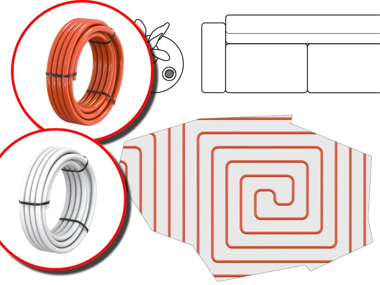 Pomarańczowa i biała rura do podłogówki. Jaka średnica rury do rozdzielacza podłogówki? Schemat ułożenia ogrzewania.