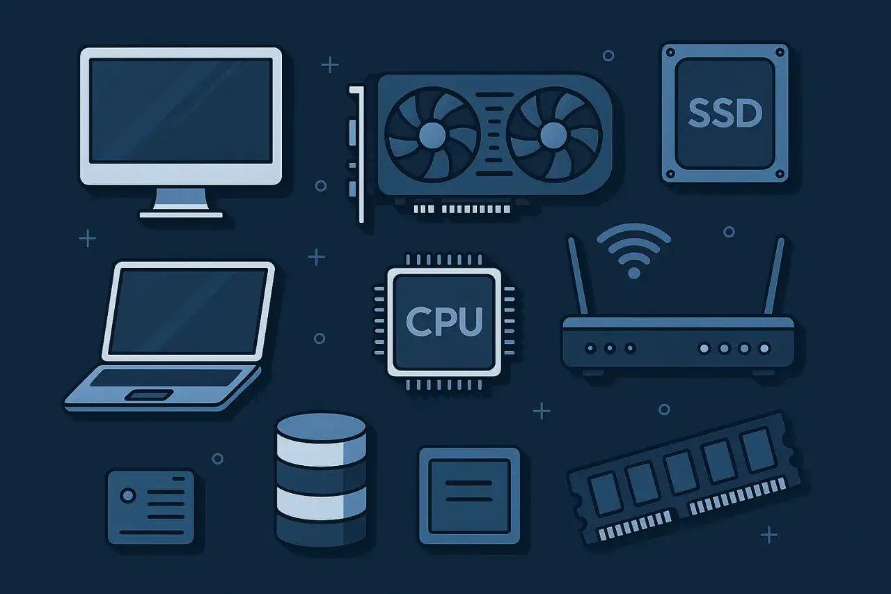 Komponenty komputera: monitor, laptop, karta graficzna, CPU, SSD, router, RAM. Idealne, by wybrać jaki komputer do VR.