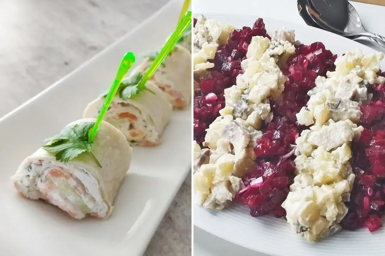 Roladki z łososiem i ogórkiem oraz sałatka śledziowa z burakami i ziemniakami – inspiracje, jak udekorować przystawki.