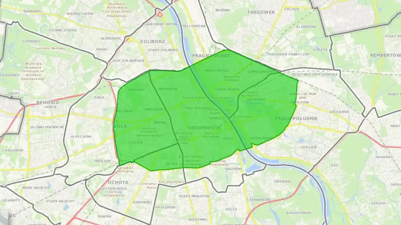 Mapa Warszawy z zaznaczonym obszarem, gdzie obowiązuje zakaz wjazdu diesli.