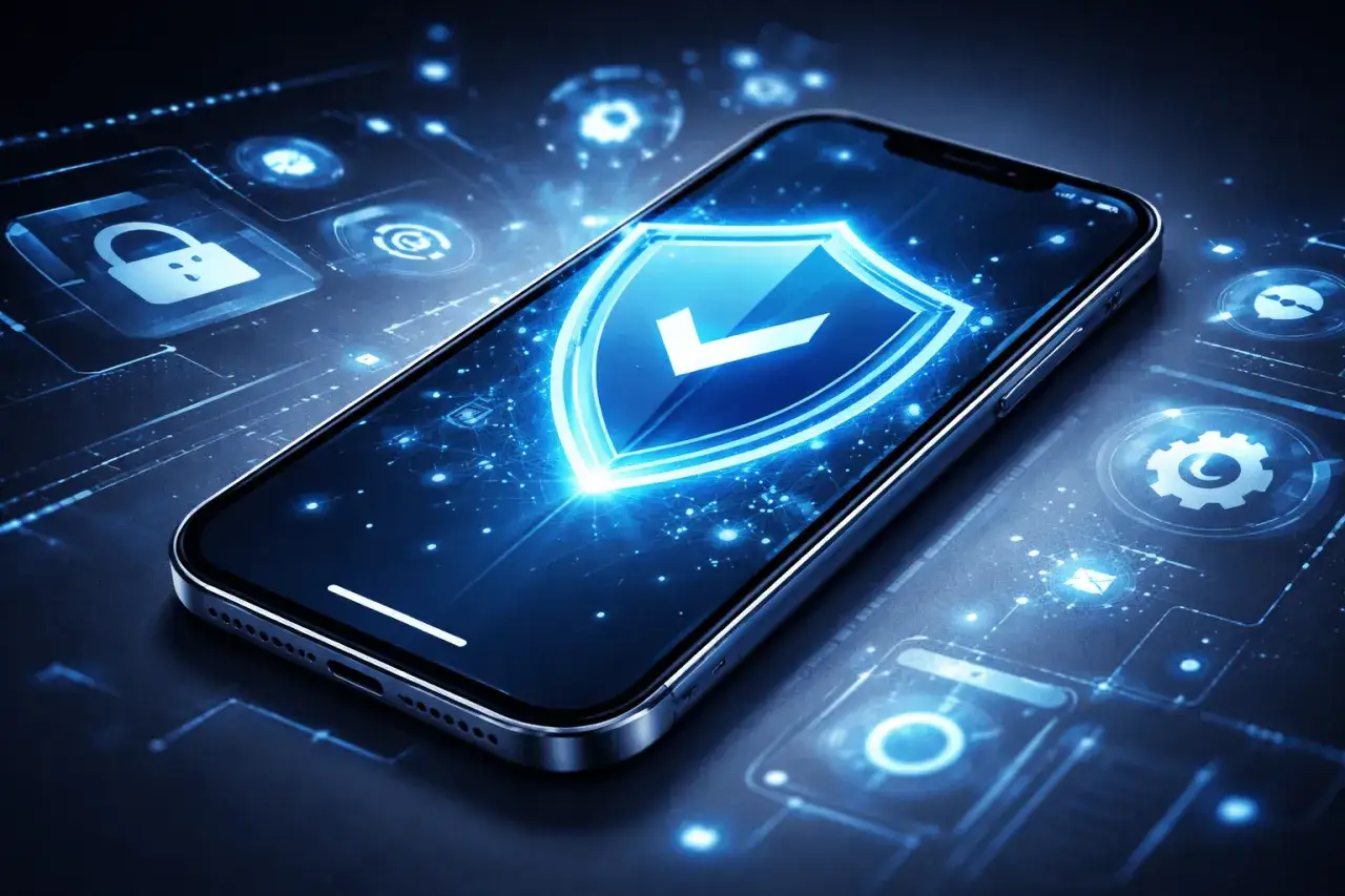 iPhone z tarczą ochronną i ikonami bezpieczeństwa na tle cyfrowym.