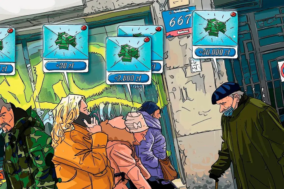 Ludzie na ulicy, ikony pieniędzy z kwotami, symbolizujące oszczędzanie.