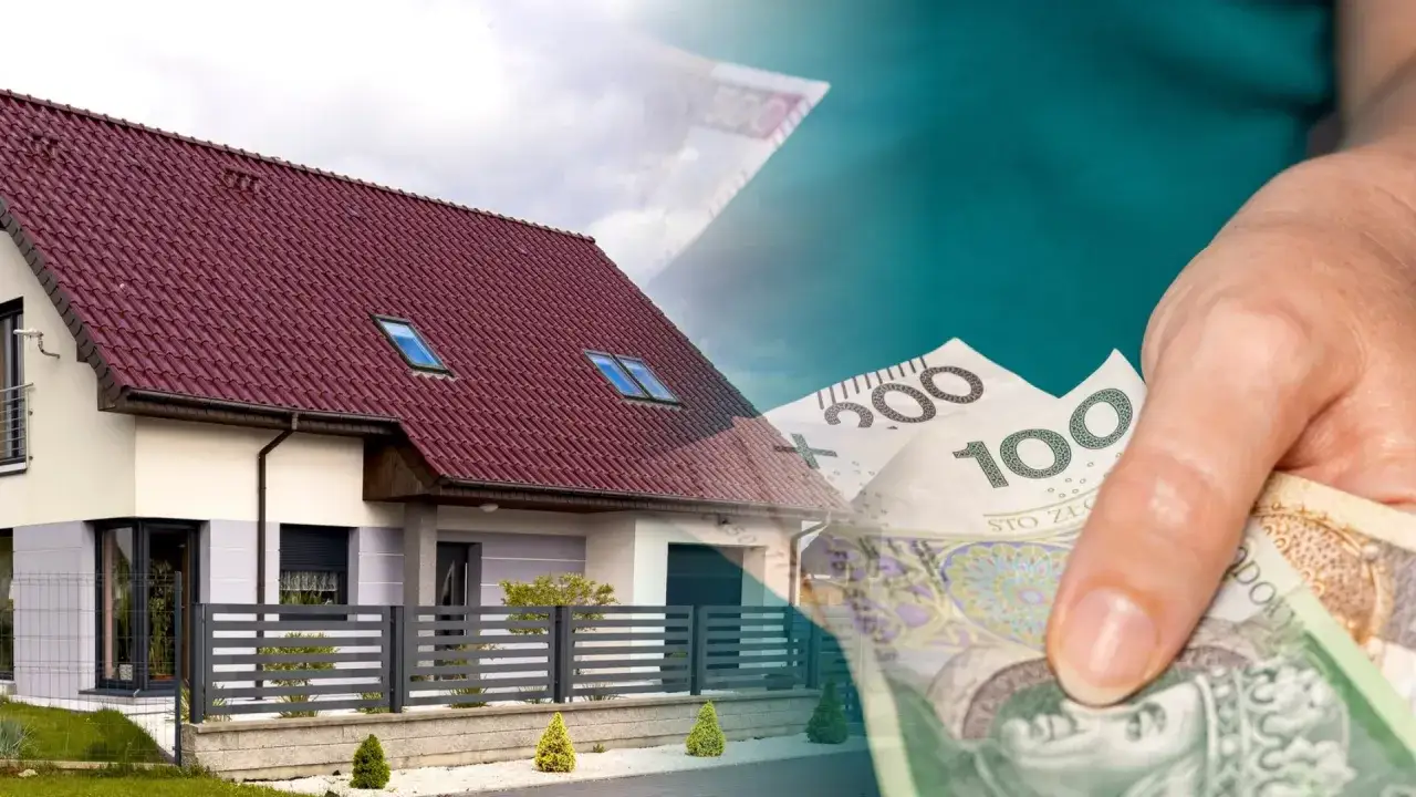 Dom z czerwonym dachem i polskie banknoty w ręce.