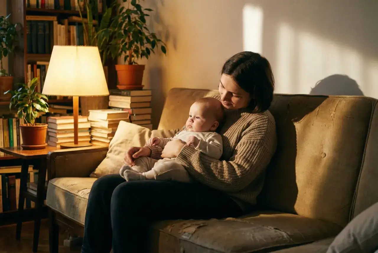 Kobieta trzyma na rękach dziecko, siedząc na kanapie w przytulnym wnętrzu.