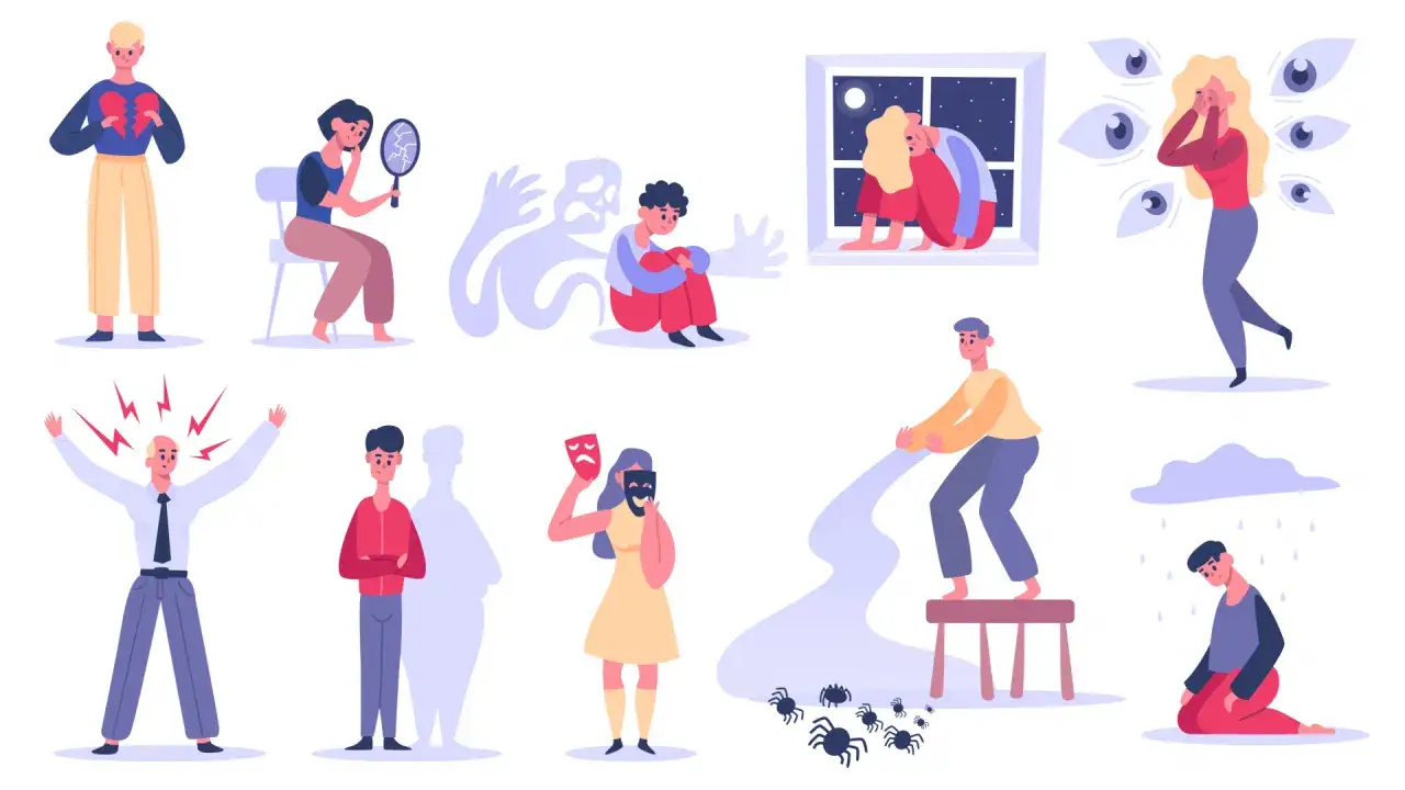 Ilustracje przedstawiające różne stany emocjonalne i lęki, takie jak złamane serce, strach, samotność i fobie.