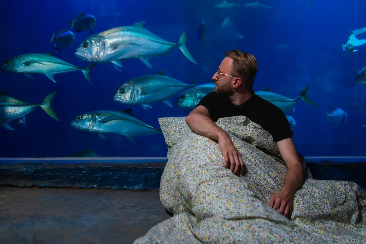 Mężczyzna w pościeli przed akwarium z rybami.