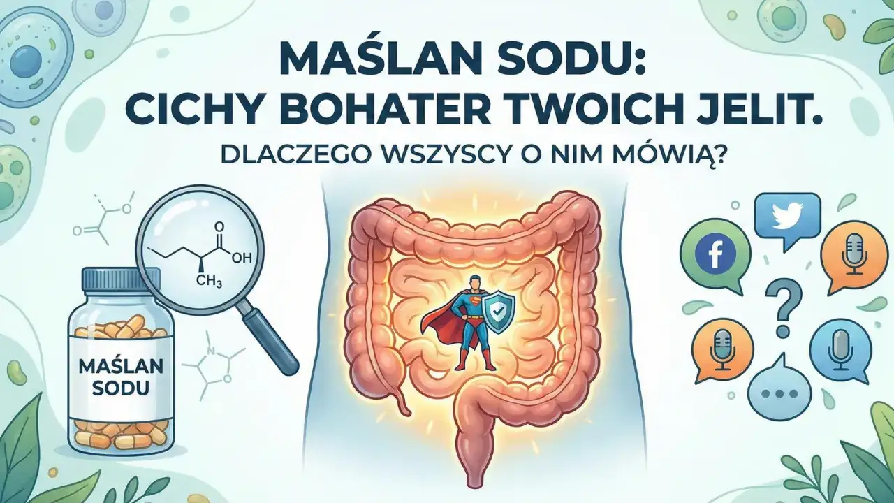 Maślan sodu: cichy bohater jelit. Na obrazku buteleczka suplementu, wzór chemiczny, jelita z superbohaterem i ikony mediów społecznościowych.