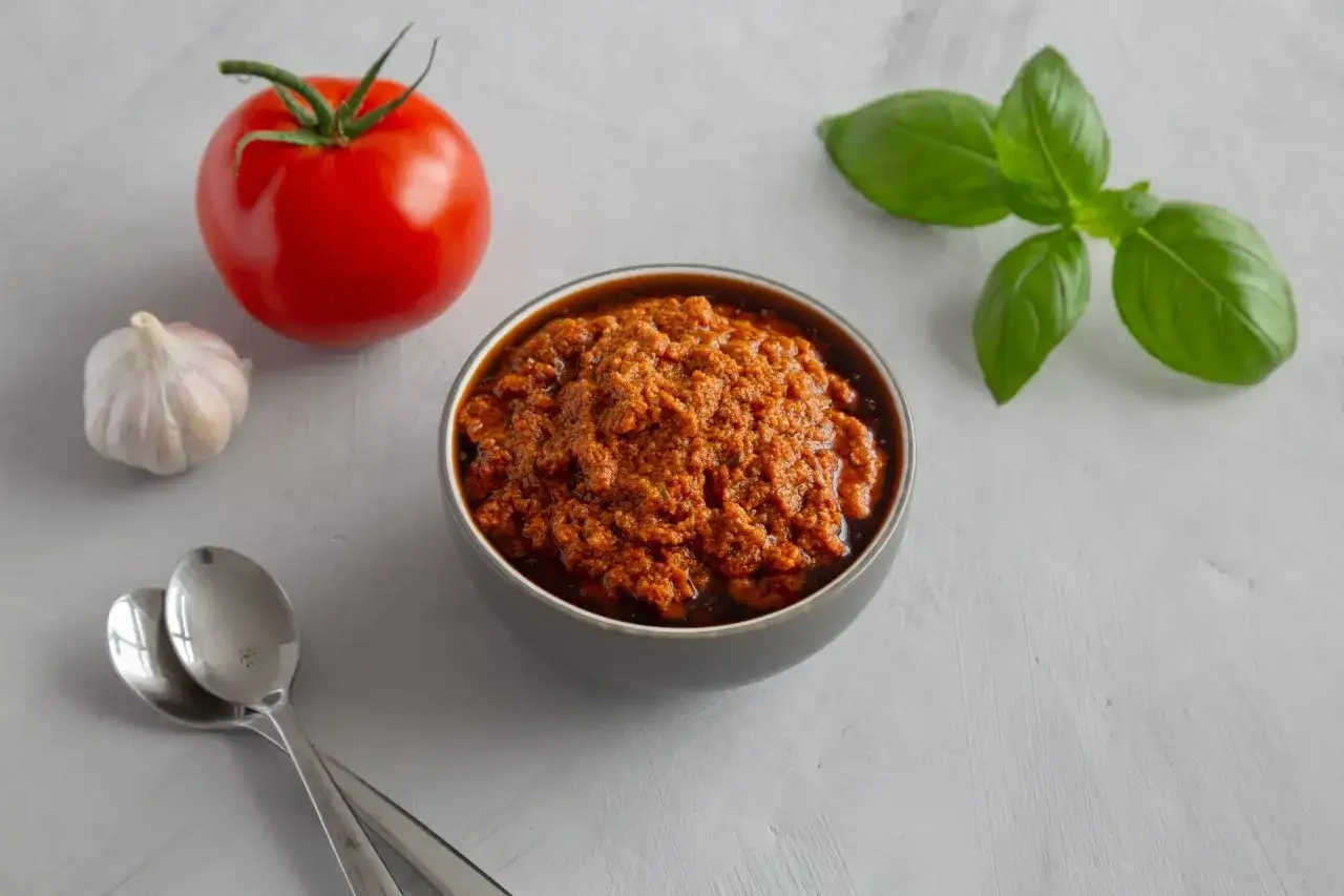 Miseczka pełna aromatycznej pasty z suszonych pomidorów, obok świeży pomidor, czosnek i bazylia. Idealna do smarowania.