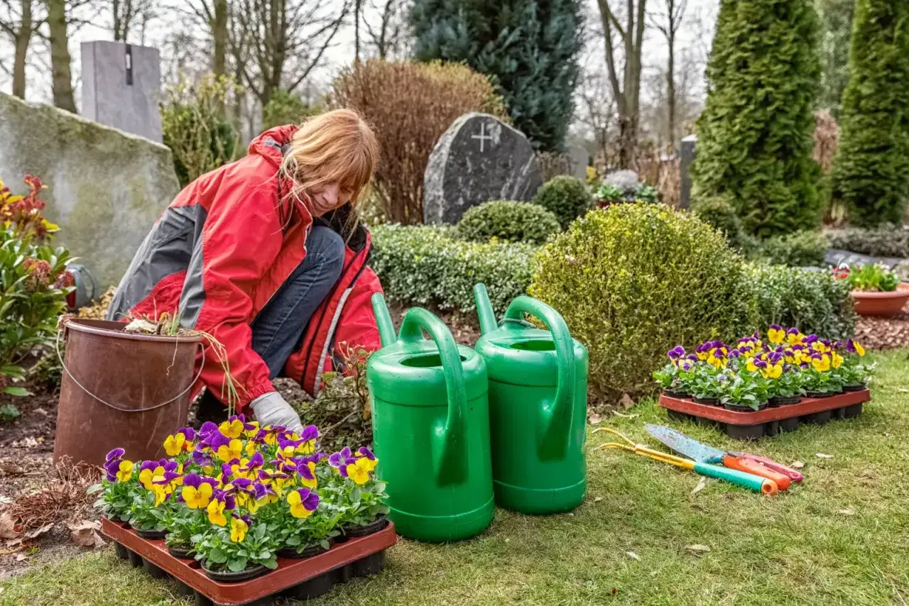 Kobieta sadzi bratki na cmentarzu, otoczona zielonymi krzewami i narzędziami ogrodniczymi.