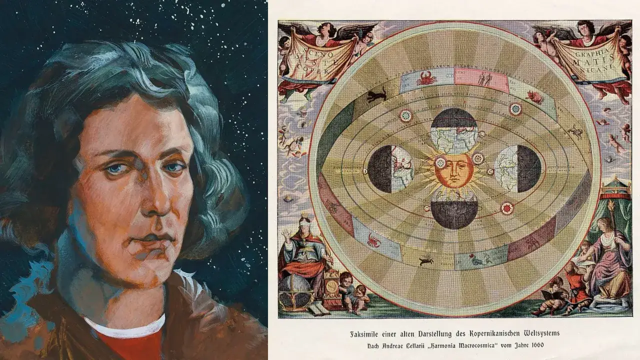 Portret Kopernika obok zabytkowego schematu heliocentrycznego układu planetarnego.
