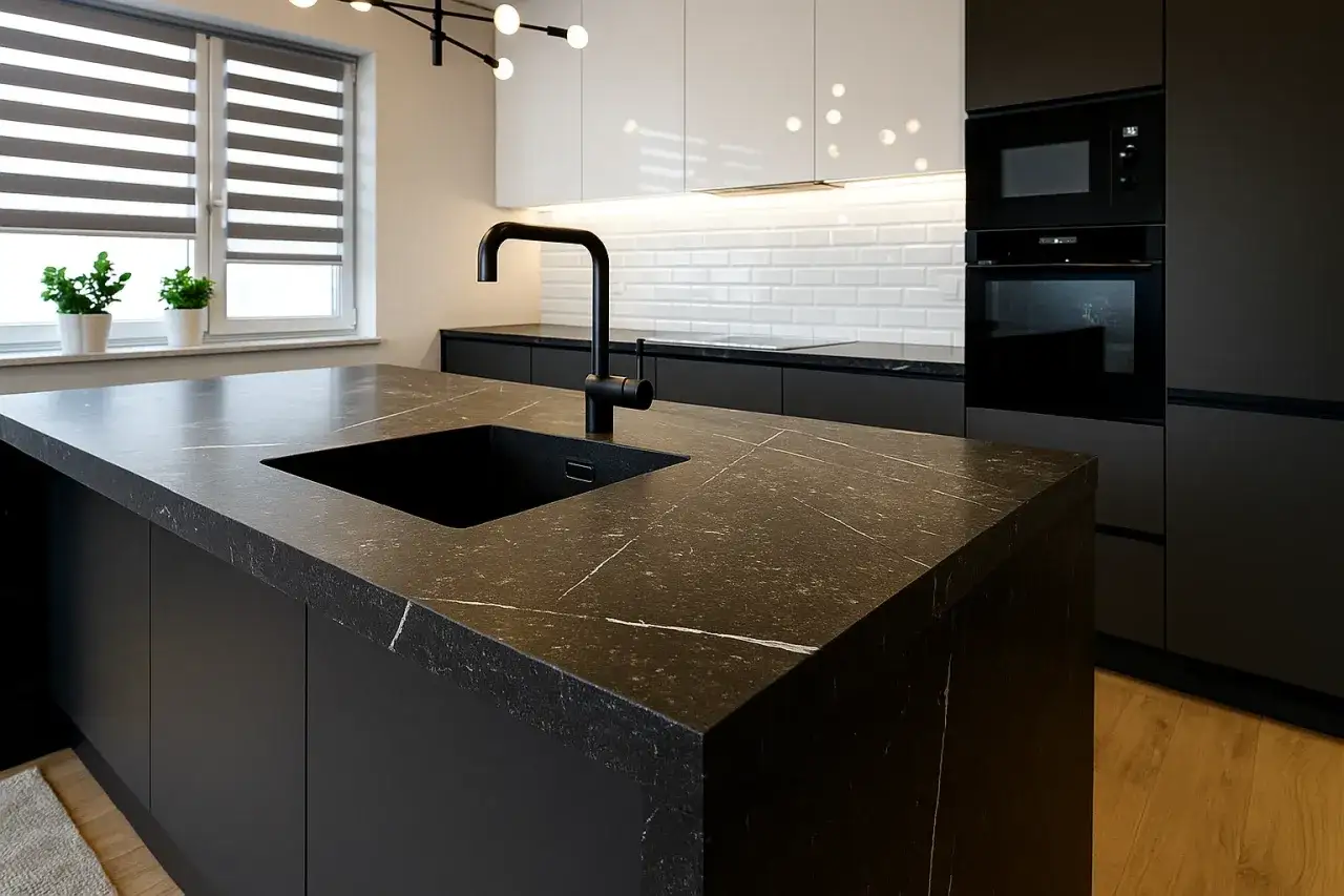 Czarny konglomerat – trwały materiał na blaty, który zachwyca elegancją