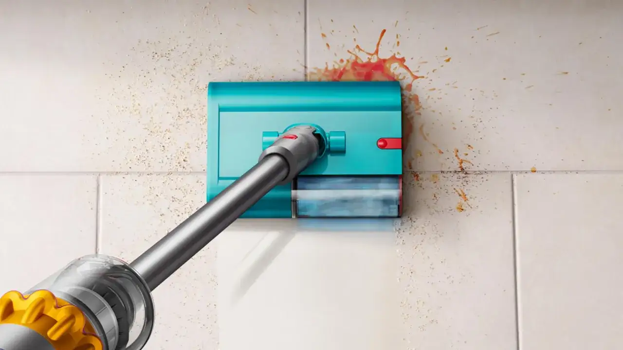 Turkusowa nakładka mopa Dyson z rurą odkurzacza czyści zabrudzoną, jasną podłogę z płytek.