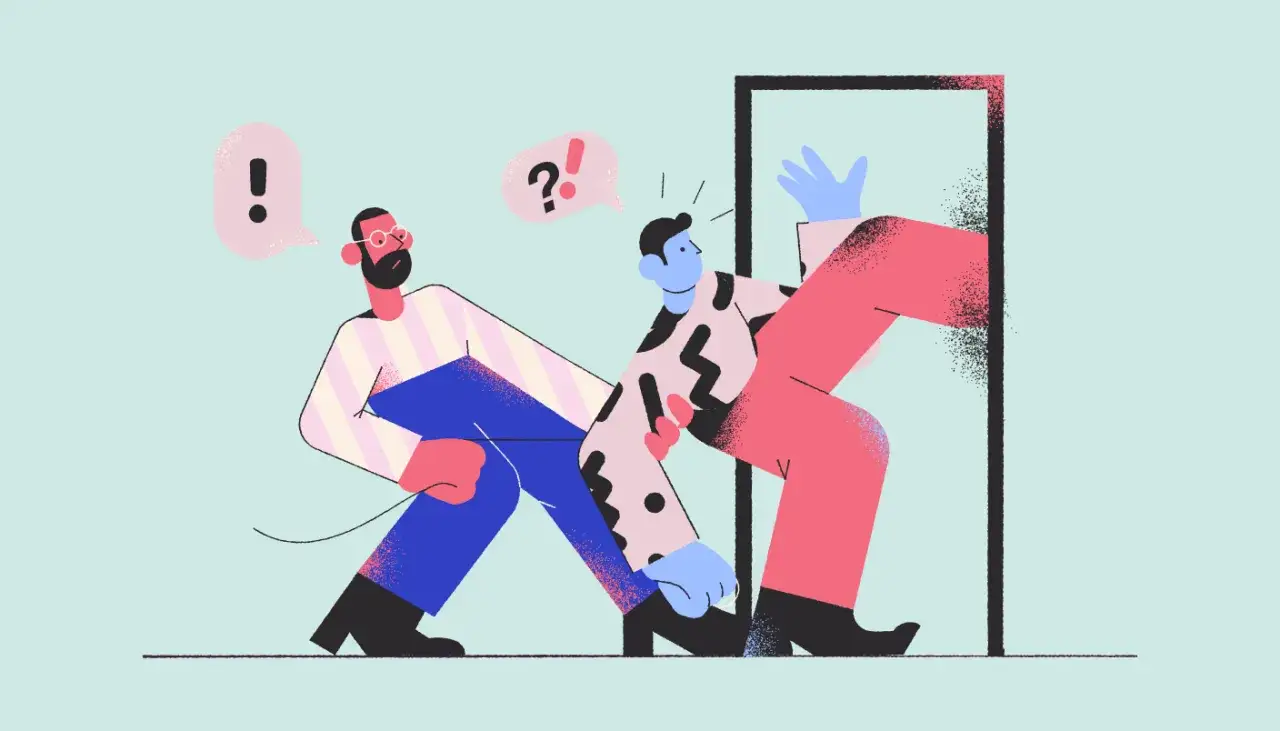 Ilustracja dwóch mężczyzn przy drzwiach, jeden próbuje wejść, drugi go powstrzymuje.