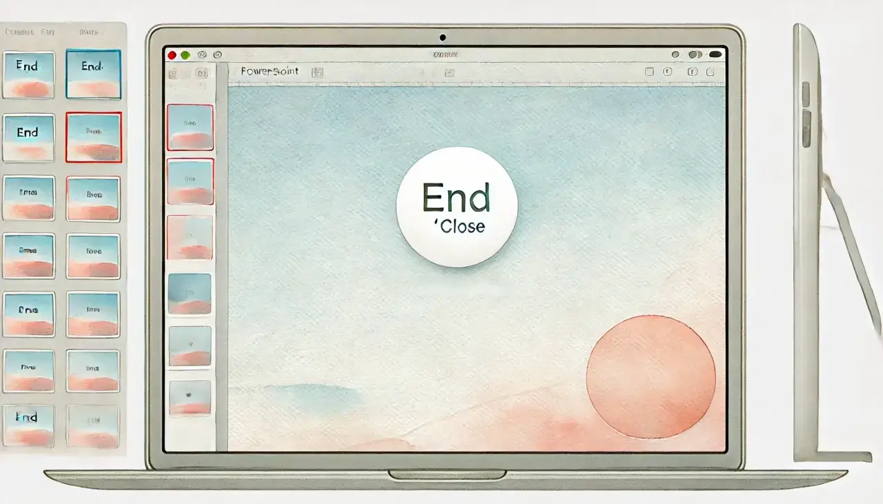 Prezentacja z napisem "End 'Close'" na ekranie laptopa. Po lewej stronie widok miniatur slajdów, wszystkie z podobnym motywem. Idealne, by zakończyć prezentację.