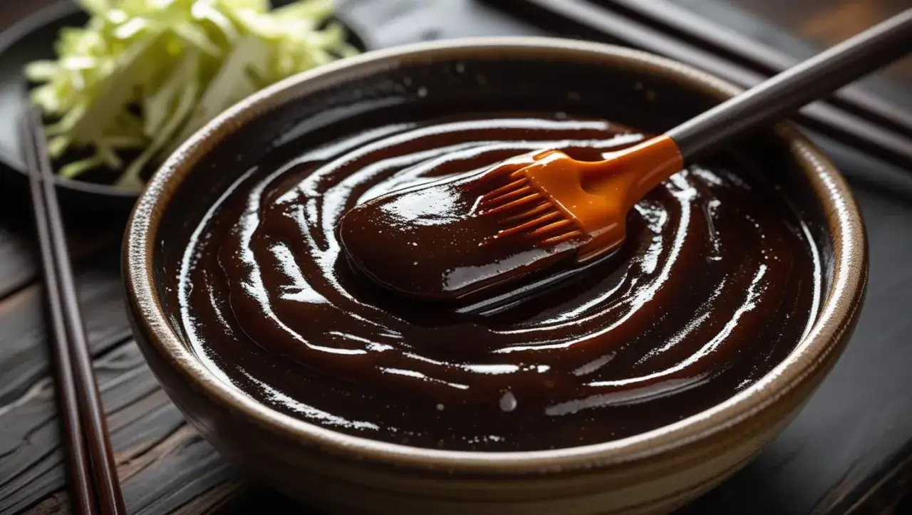 Gęsty, błyszczący sos japoński w misce, z pomarańczowym pędzelkiem zanurzonym w środku. Obok talerz z poszatkowaną kapustą i pałeczki.