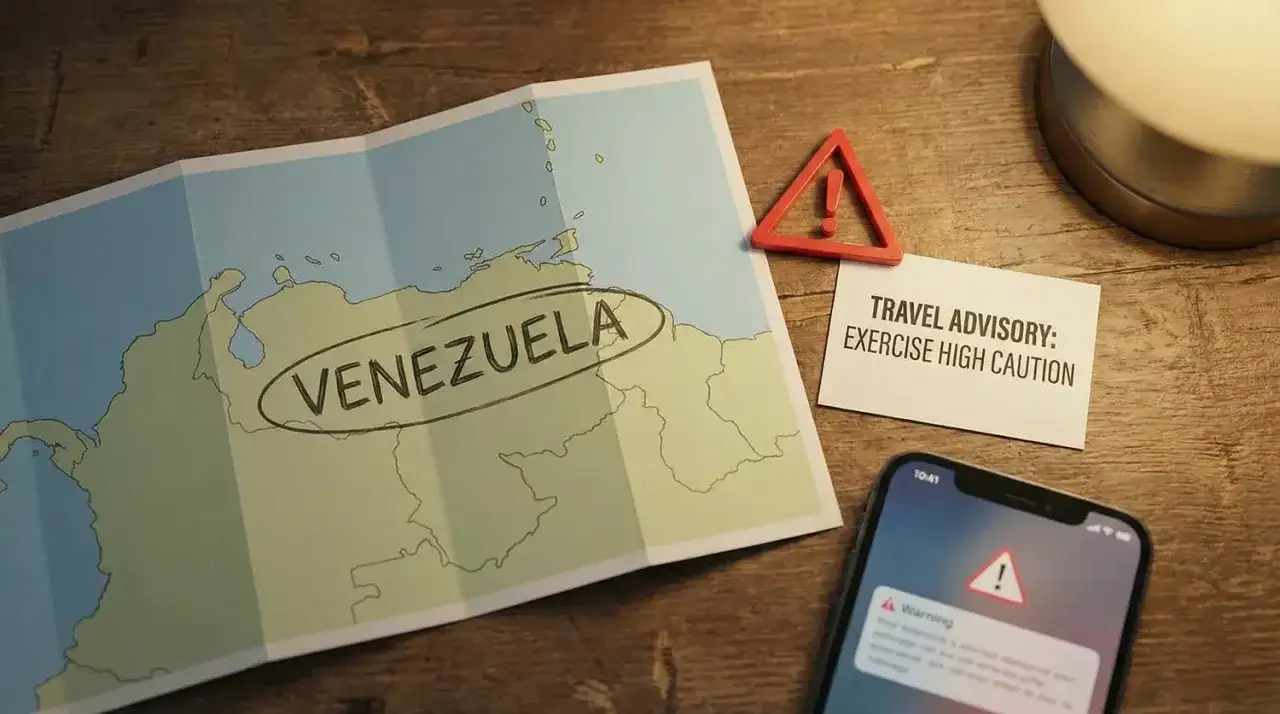 Mapa Wenezueli, ostrzeżenie o podróży i telefon z powiadomieniem o zagrożeniu.