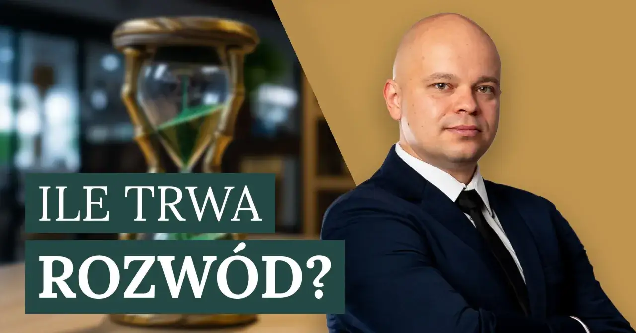 Klepsydra i mężczyzna w garniturze. Tekst: "Ile trwa rozwód?".