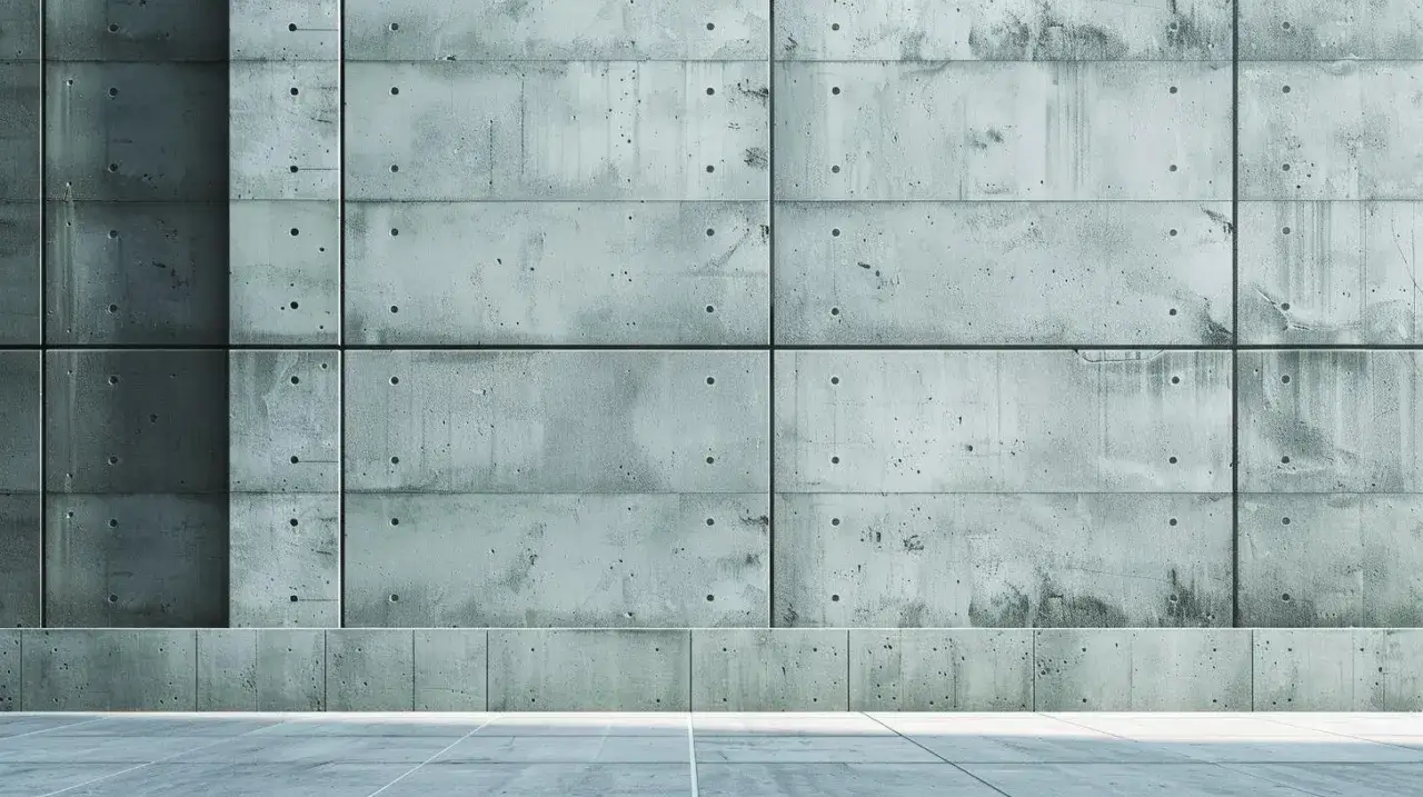 Surowa, betonowa ściana z widocznymi otworami po szalunkach i nierównościami. Światło podkreśla jej teksturę.