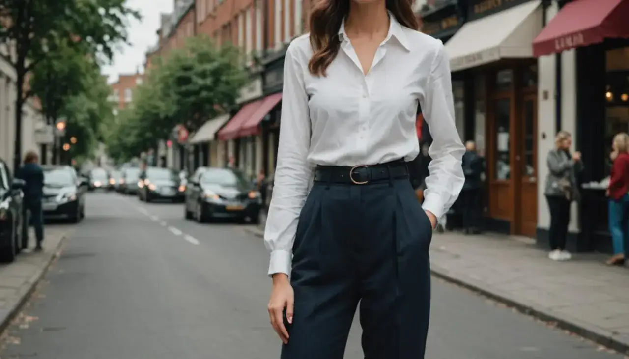 Elegancka stylizacja: biała koszula i granatowe szerokie spodnie. Idealne połączenie, które sprawdzi się w każdej sytuacji. Jaka marynarka do szerokich spodni? Ta stylizacja pokazuje, że czasem mniej znaczy więcej.