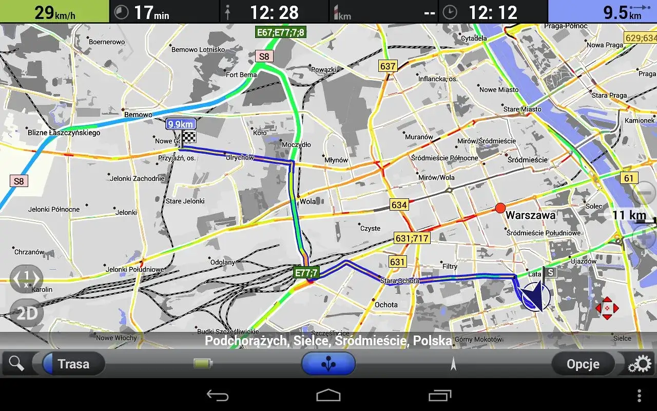 Mapa AutoMapy z trasą przez Warszawę. Zobacz, jak zaktualizować AutoMapę, aby mieć najnowsze dane o drogach i ruchu.