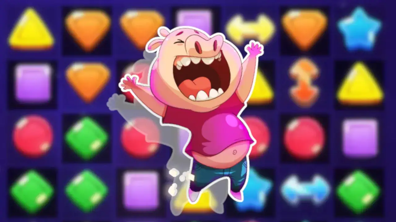 Wesoła świnka skacze z radości na tle kolorowych klejnotów, świętując darmowe prezenty w grze Match Masters!