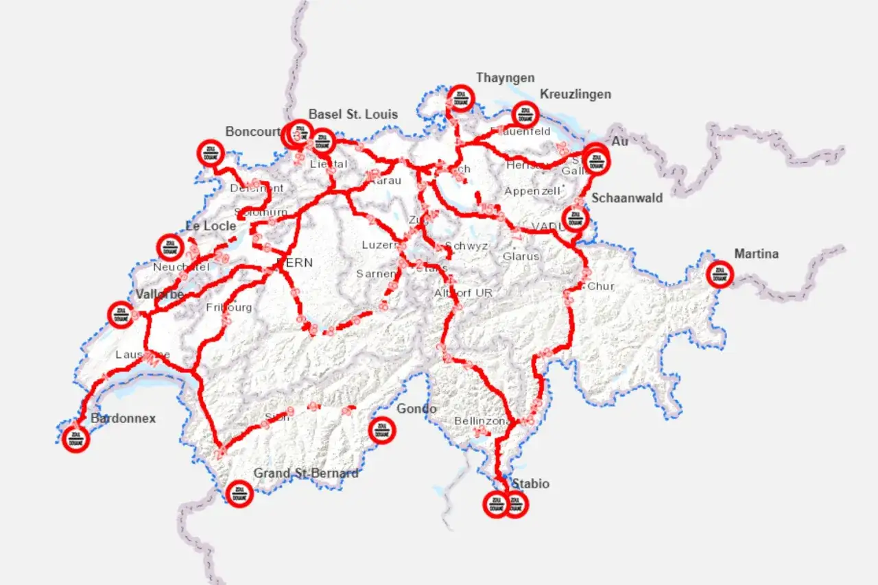 Mapa tras przejazd przez Szwajcarię z zaznaczonymi punktami granicznymi i miastami.