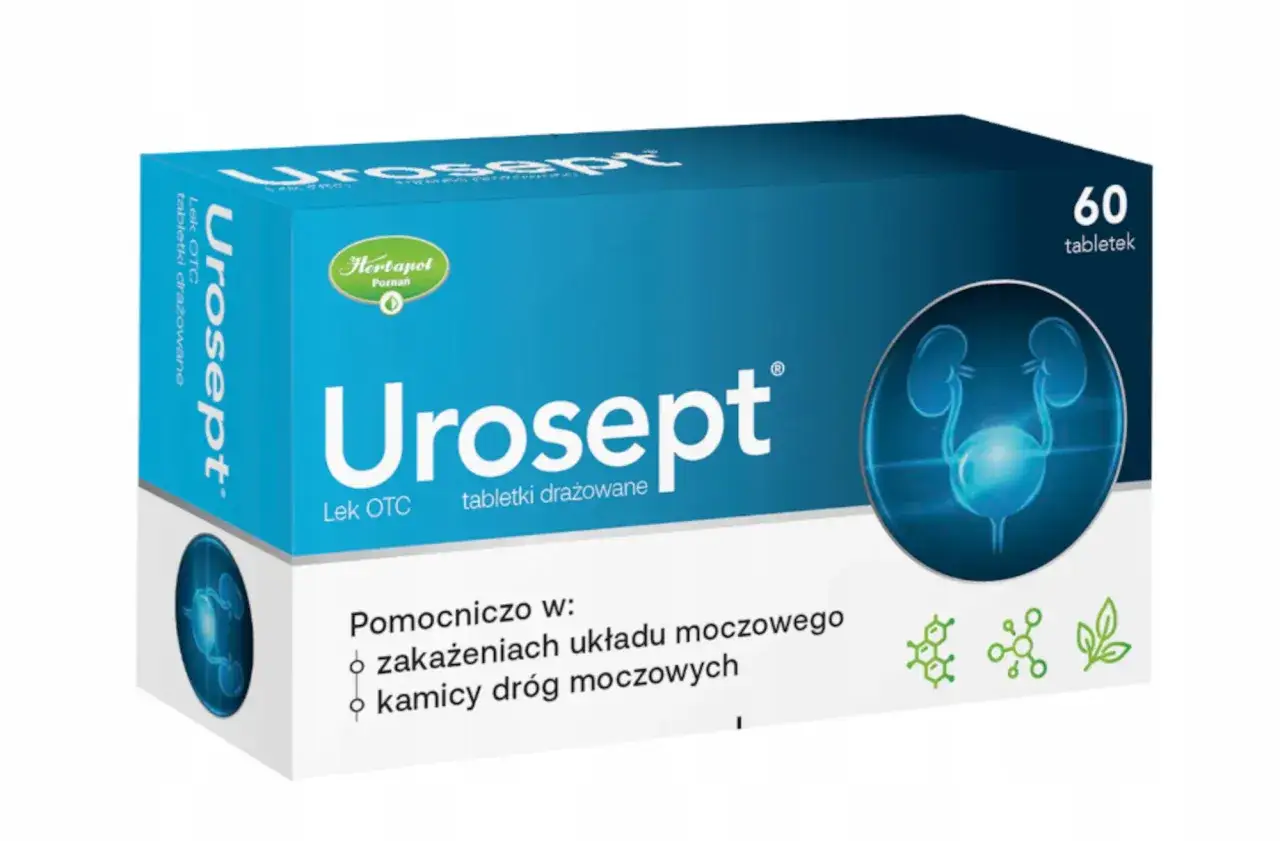 Urosept - lek na zapalenie pęcherza i kamicę dróg moczowych. Opakowanie zawiera 60 tabletek drażowanych.