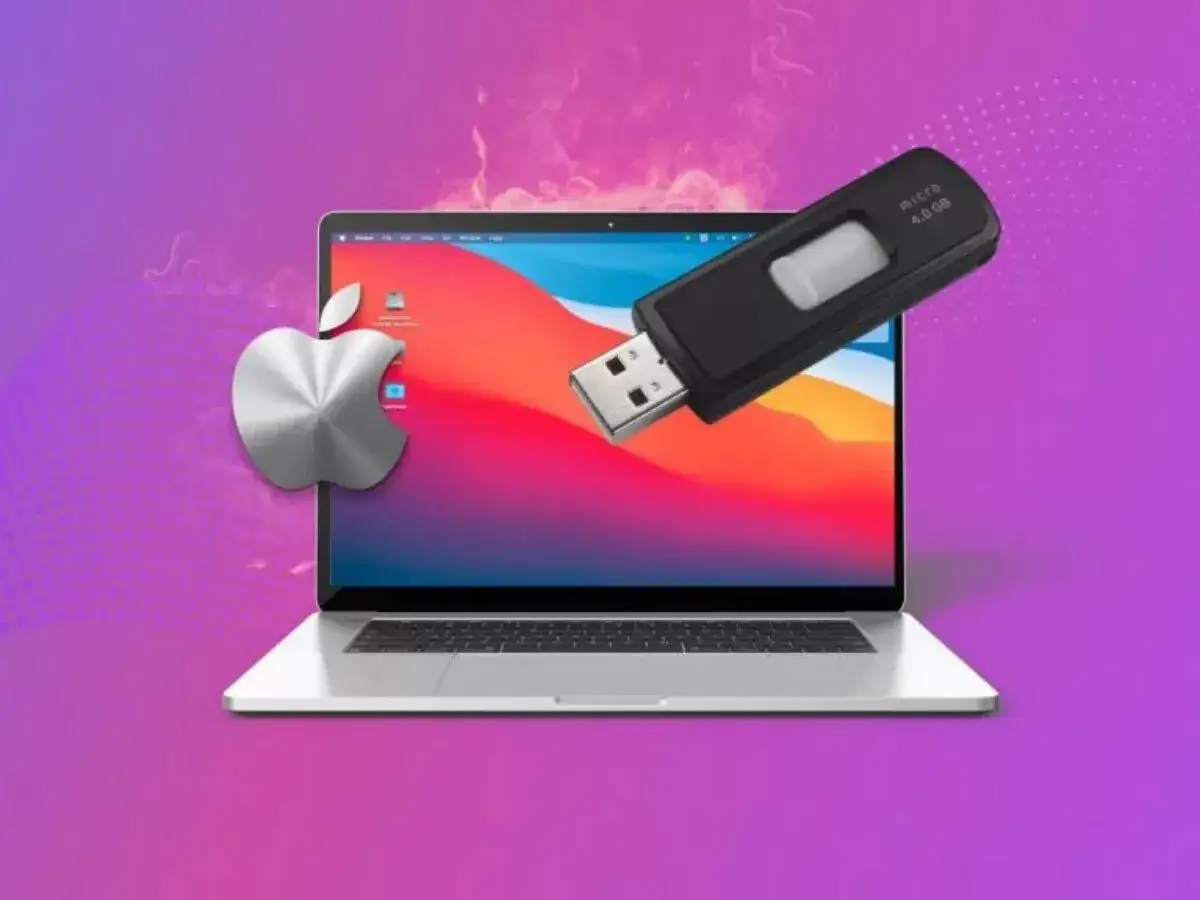 MacBook nie widzi pendrive. Metalowe logo Apple obok laptopa z podłączonym pendrivem, sugerujące problem z odczytem danych.