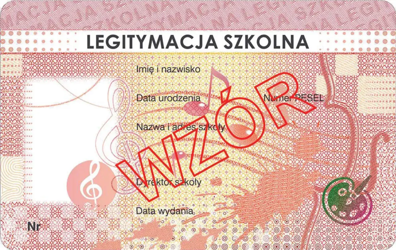Legitymacja szkolna z polami na dane, nutami i znakiem wodnym "WZÓR".