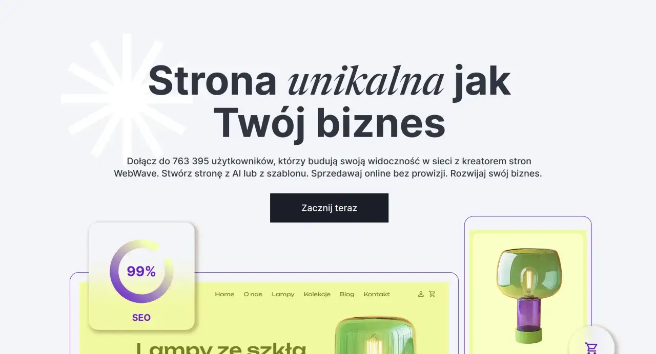Grafika przedstawia fragment strony internetowej z tekstem "Strona unikalna jak Twój biznes", ikoną SEO 99% i lampą.