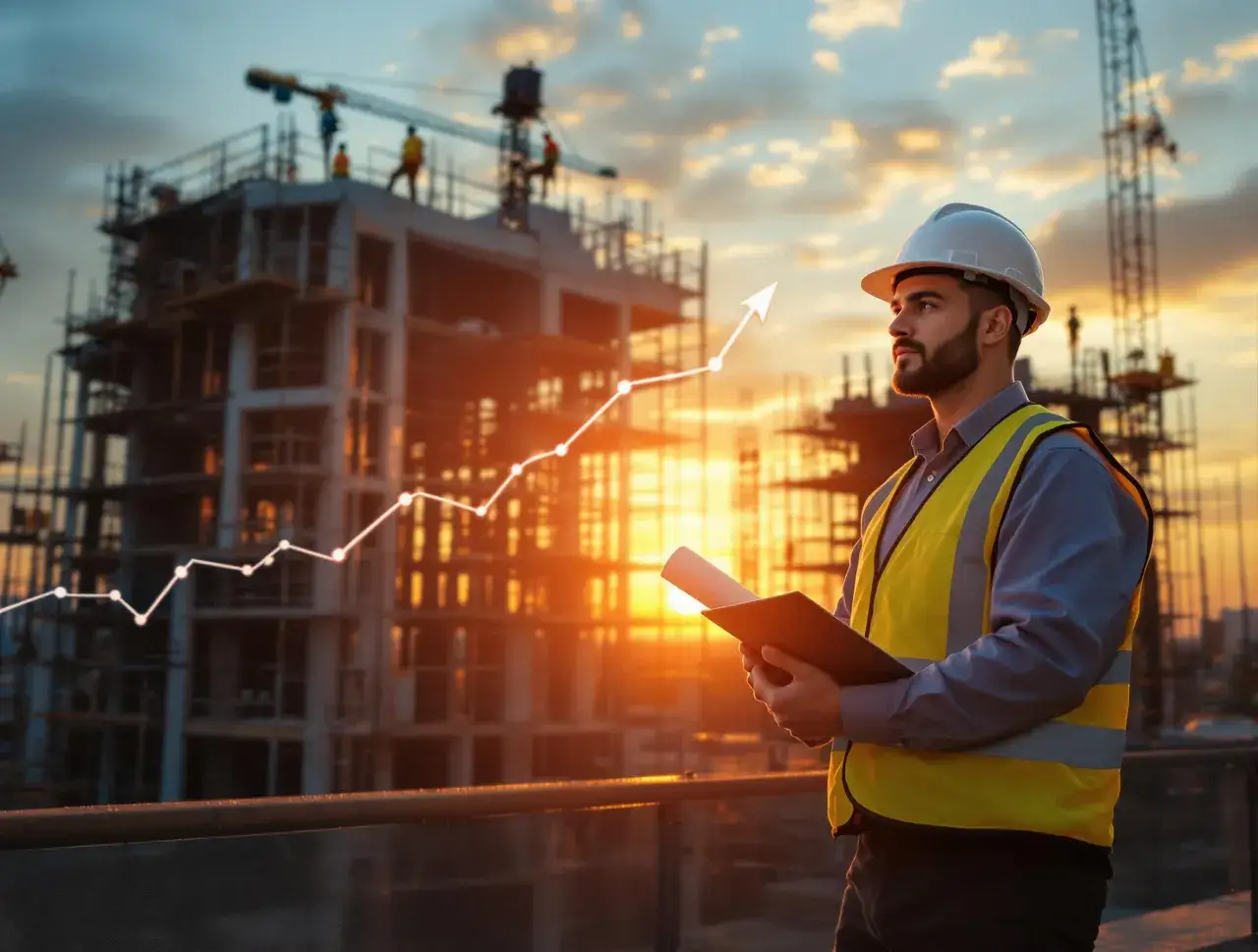 Inżynier budowy z planami w ręku, na tle budowy i wykresu wzrostu. Zastanawia się, ile zarabia inżynier budowy po studiach.