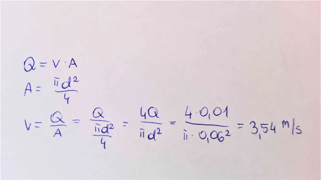 Wzory pokazują, jak obliczyć przepływ powietrza przez rurę: Q=V·A, A=πd²/4, V=Q/A. Obliczenia pokazują wynik 3,54 m/s.