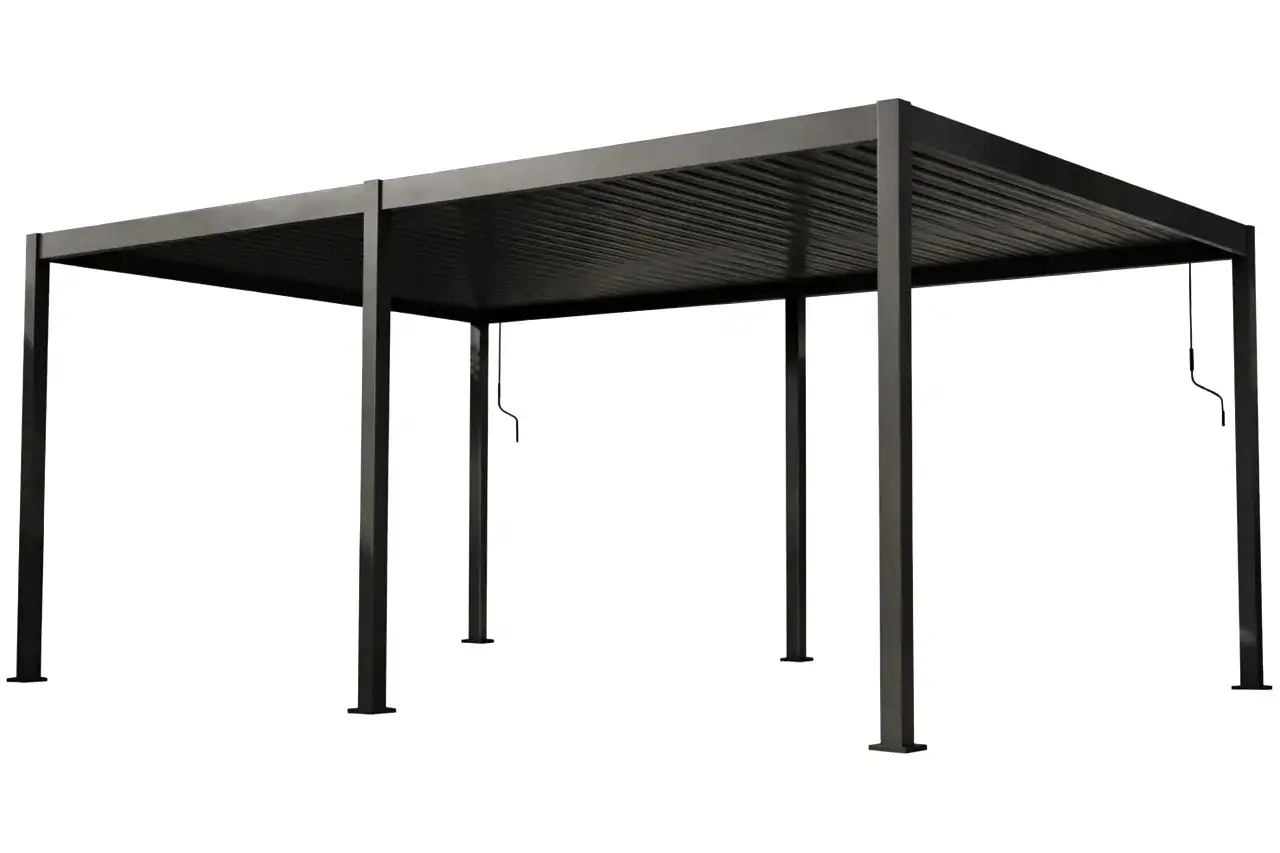 Nowoczesna, ciemnoszara pergola z metalu, z zadaszeniem z lameli.