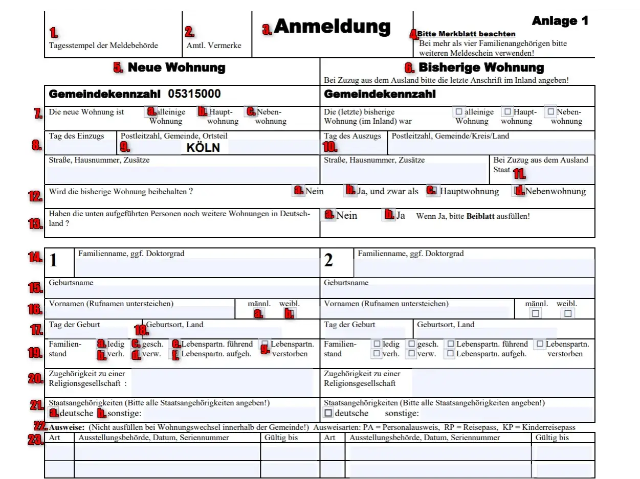 Formular Anmeldung: nowe i poprzednie mieszkanie, dane osobowe, stan cywilny, narodowość, dane paszportu. Jak przemeldować dziecko? Wypełnij sekcje 5 i 6.