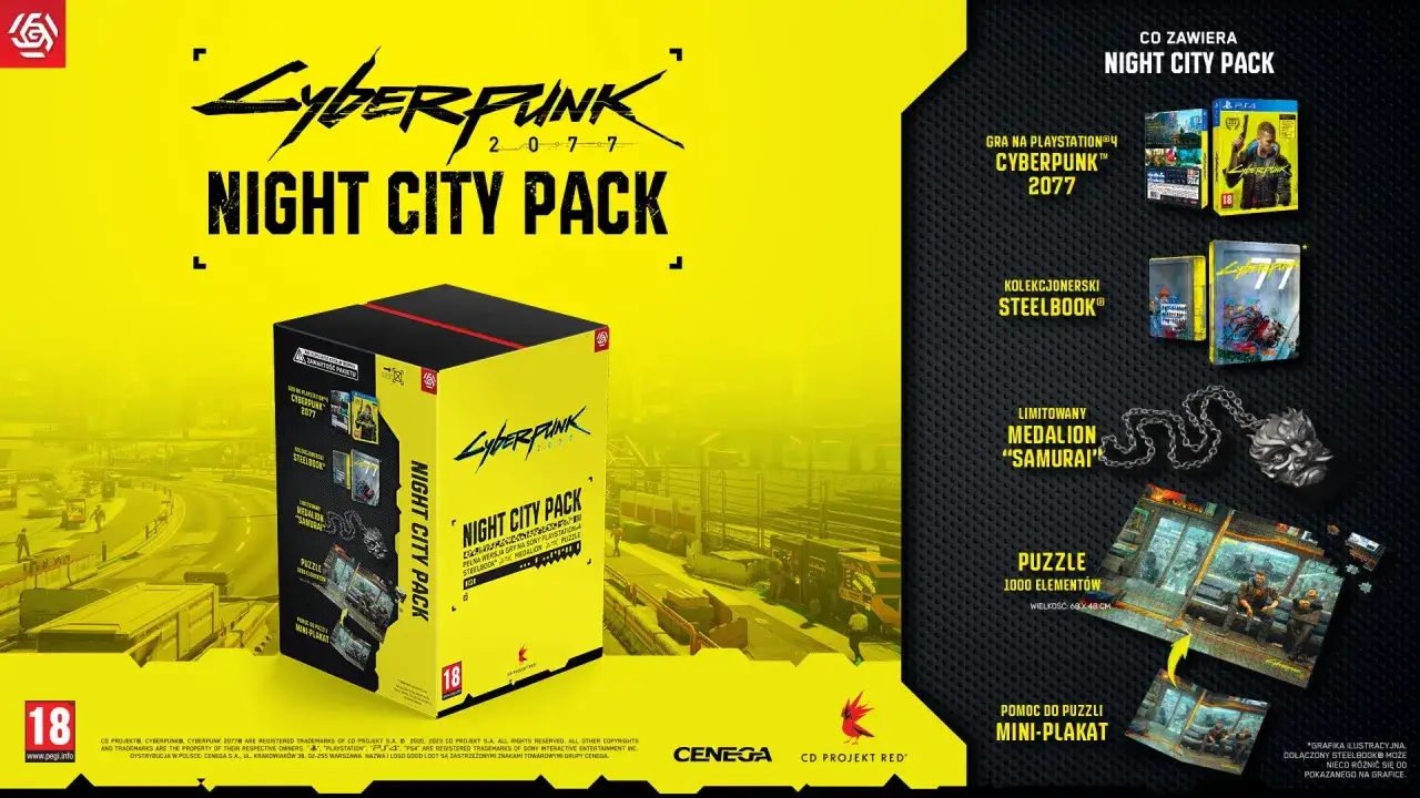 Opakowanie gry Cyberpunk 2077 Night City Pack z zawartością: gra PS4, steelbook, medalion, puzzle i plakat.