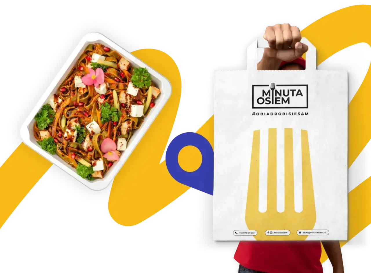 Pyszna dieta pudełkowa Koszalin od Minuta Osiem. Danie z makaronem, kurczakiem i fetą.
